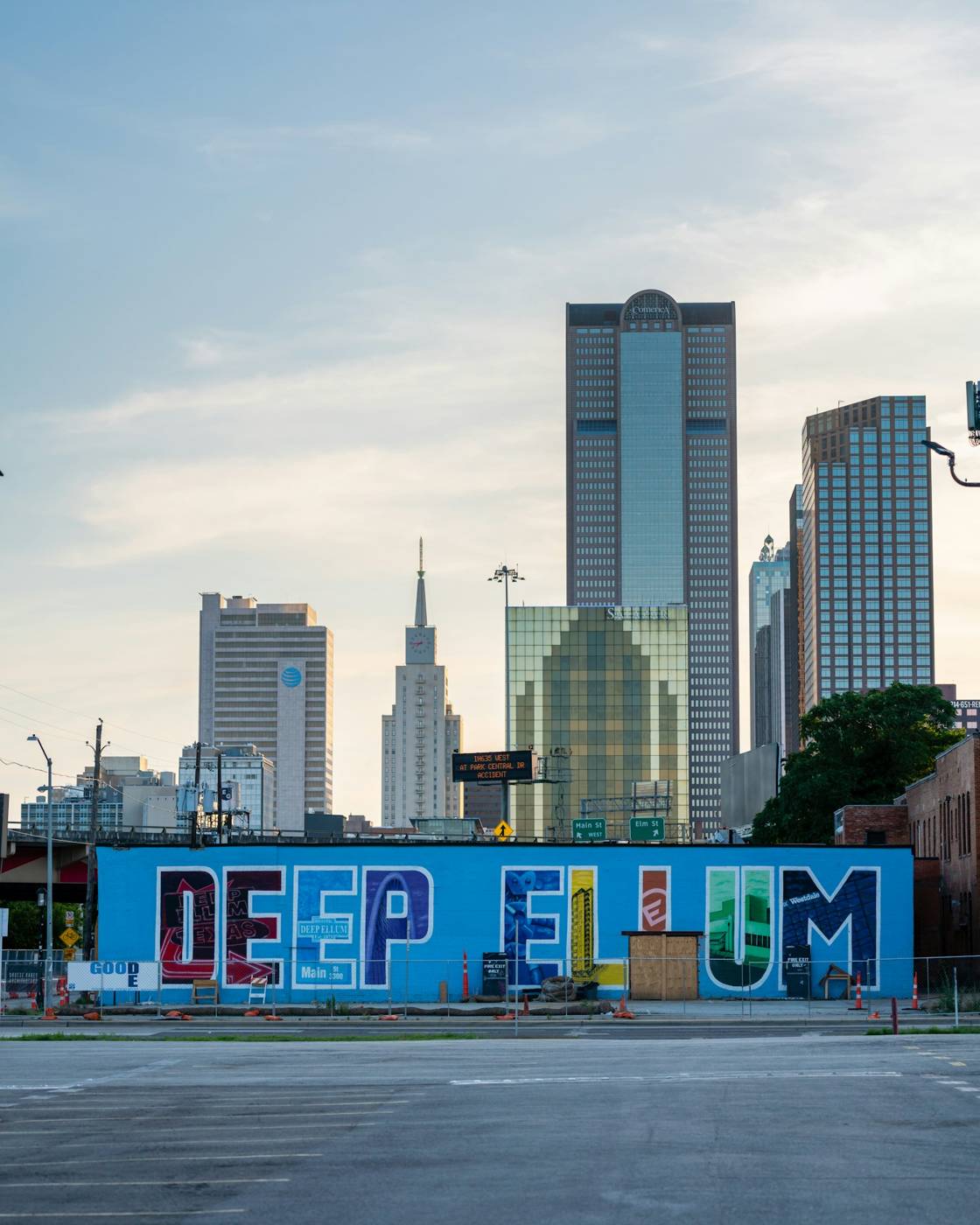 Deep Ellum mural with the Dallas skyline