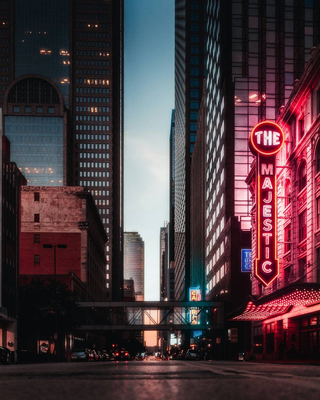 Elm Street in downtown Dallas with the Majestic Theatre sign