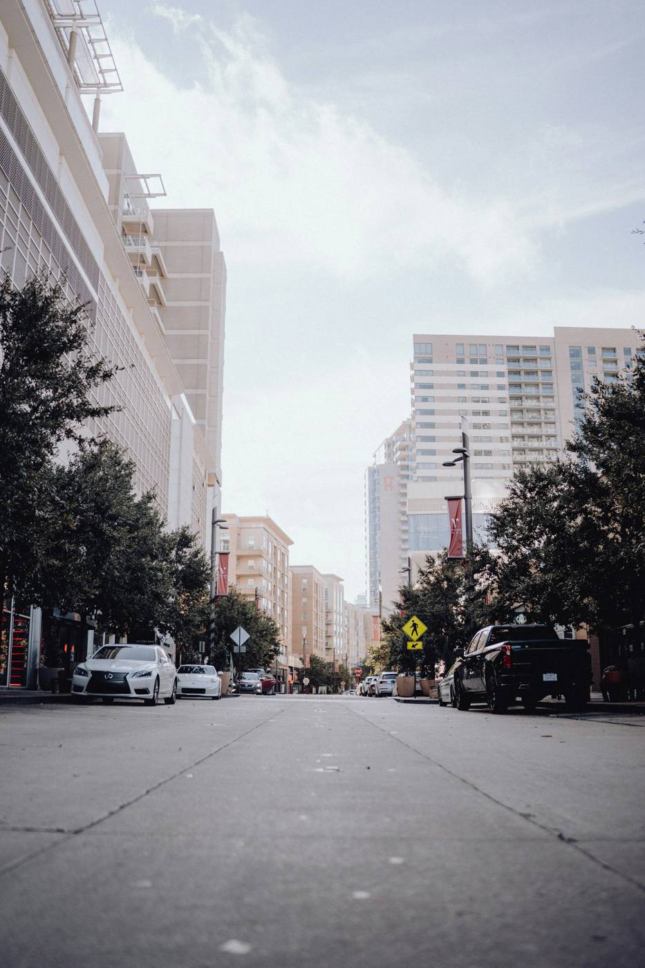 Tree-lined street with high-rises in Dallas
